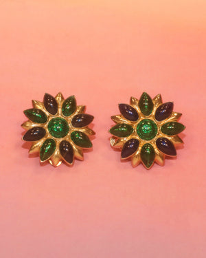 Boucles d'oreilles fleurs bleues et vertes