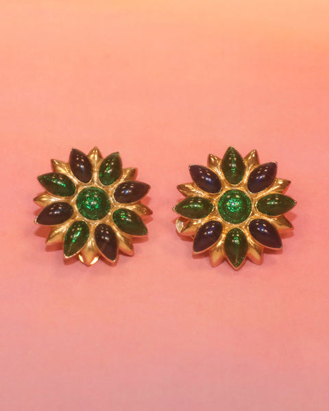 Boucles d'oreilles fleurs bleues et vertes